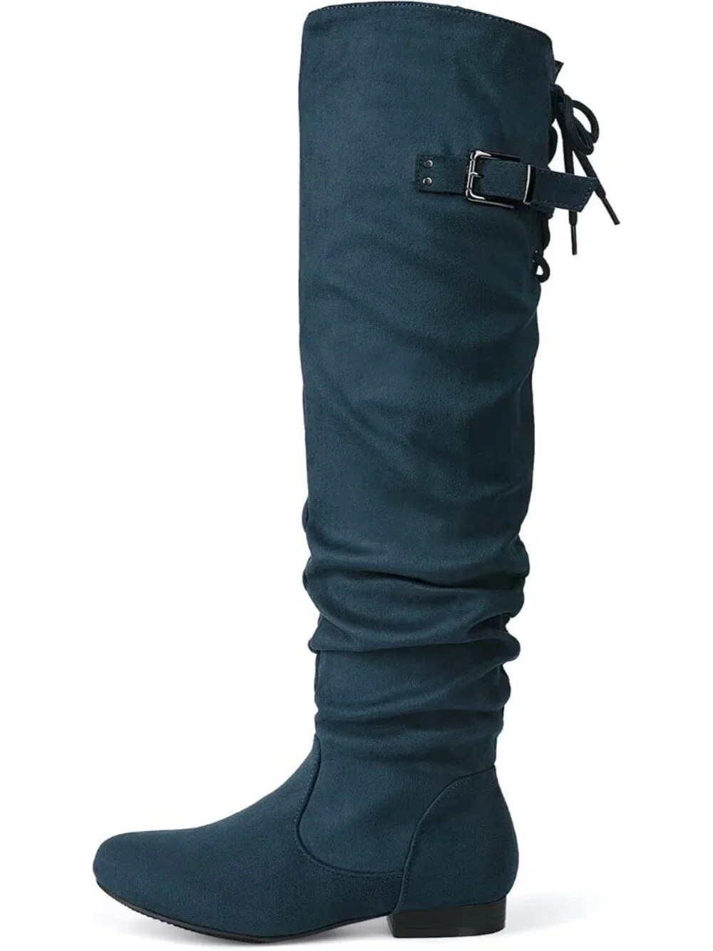 Women's Blue Flat Heel Pointed Toe Slouch Over The Knee Thigh High Boots